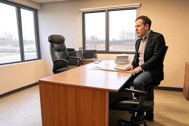 A business owner seated at a desk in a bright office