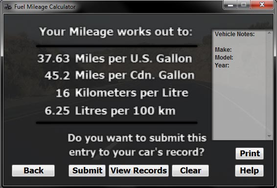 Gas Mileage Calculator Screenshot